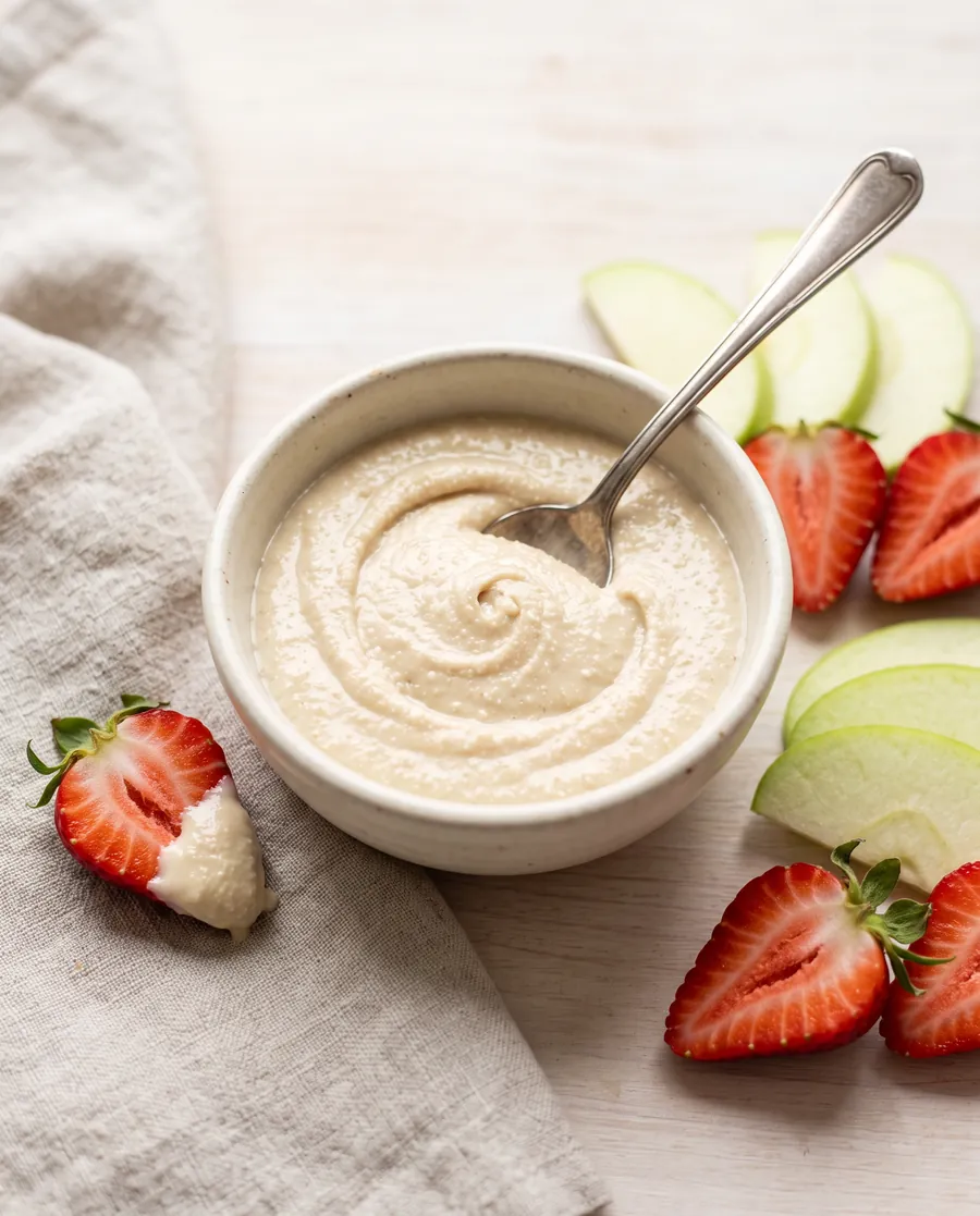 Crema de merey en un tazón con fresas y manzana verde